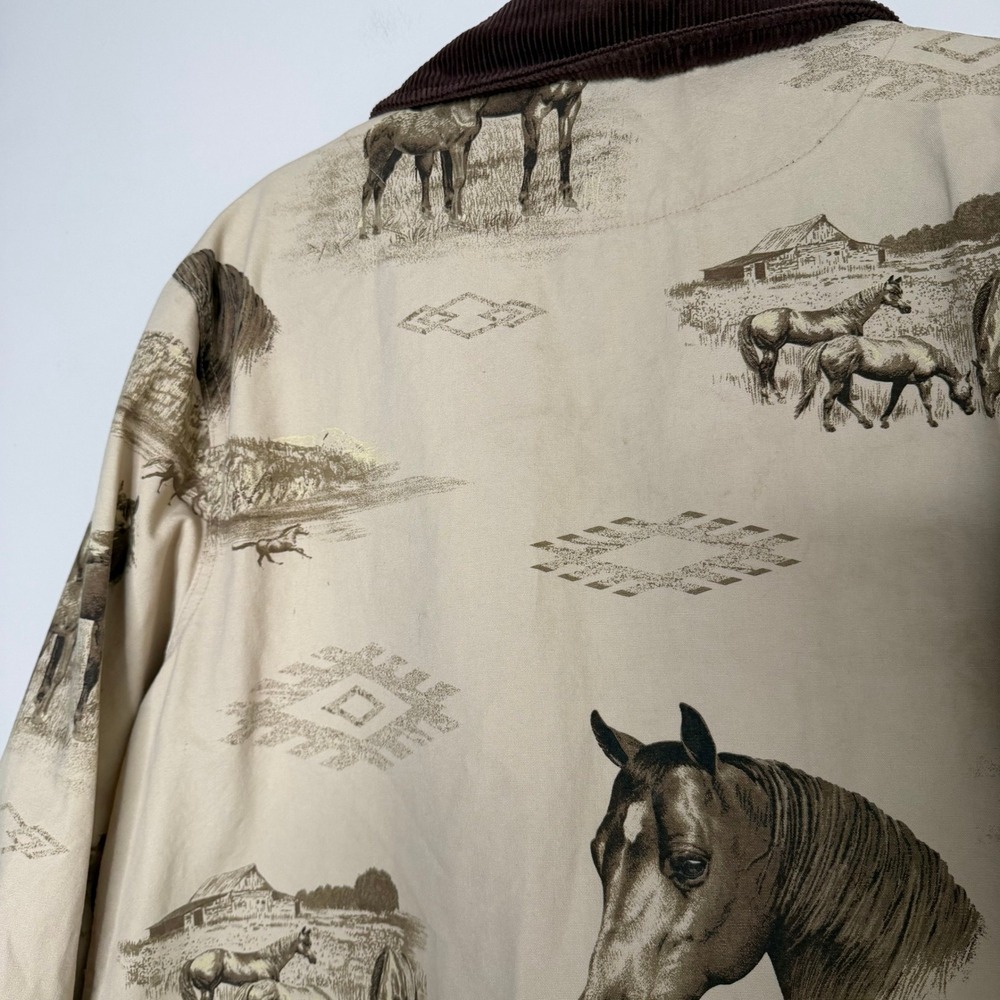 Vintage Bit & Bridle Western Horse Print Barn Jacket Tan Corduroy Trim Sz Large - Picture 10 of 11